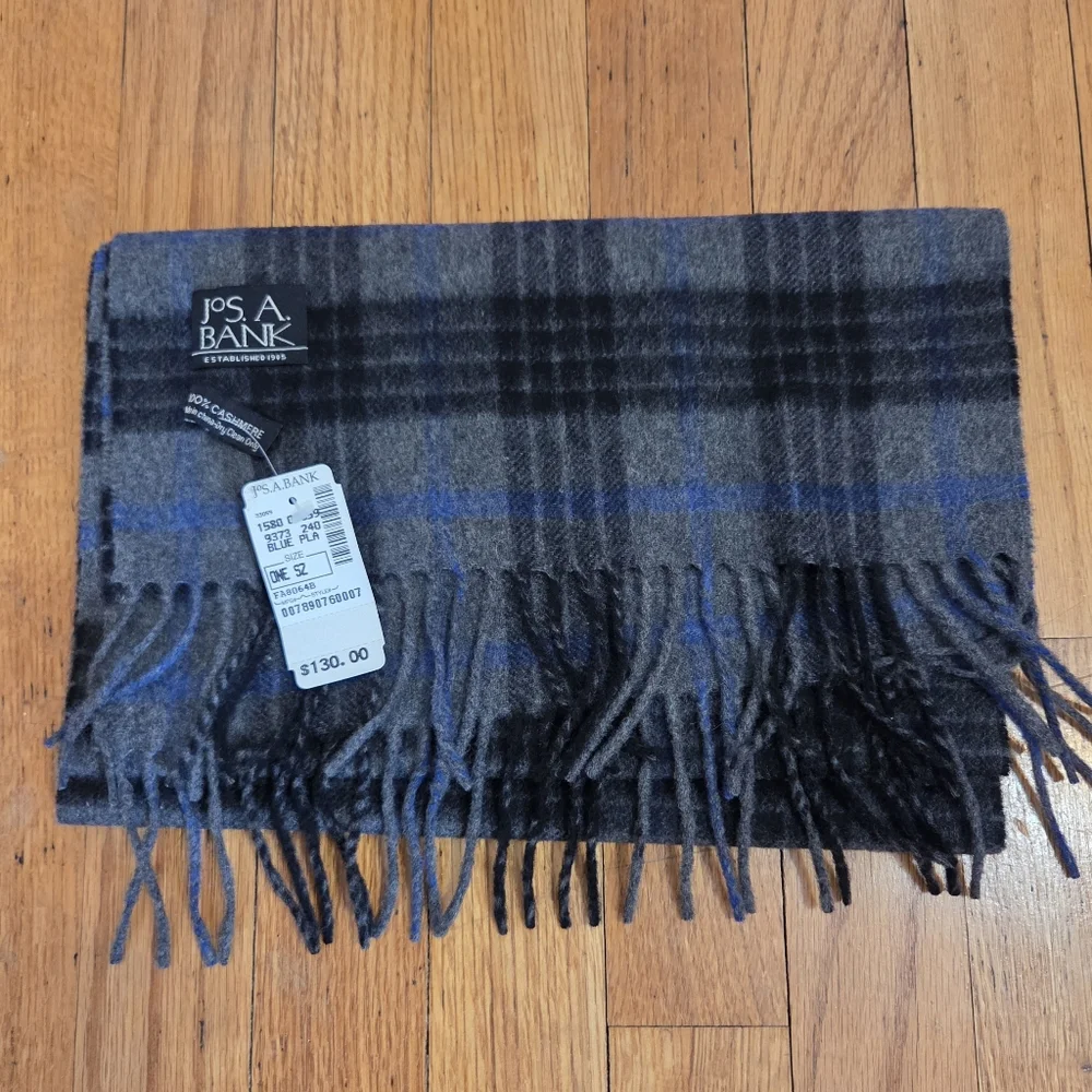Jos. A. Bank Charcoal, Grey and Blue Checkered Cashmere Scarf NWT